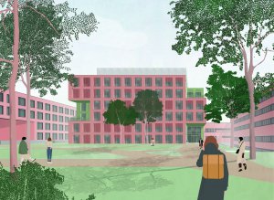 Blick auf das Laborgebäude aus dem Gartenhof